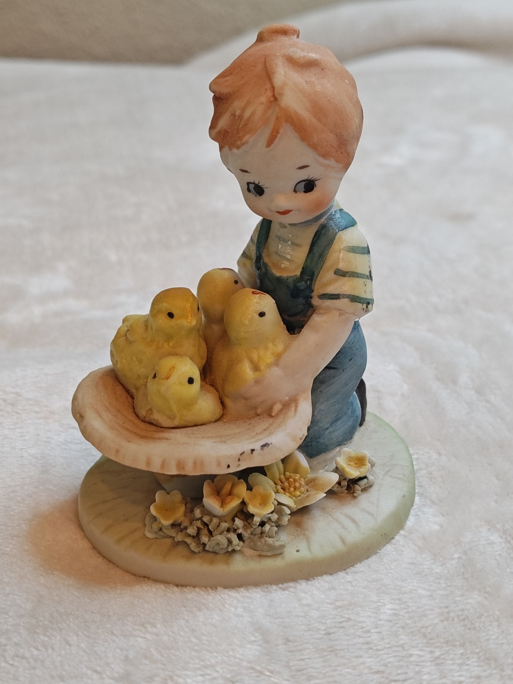 Vintage Rare Lefton Figurine Little Boy With Hat Full Of Yellow Chicks